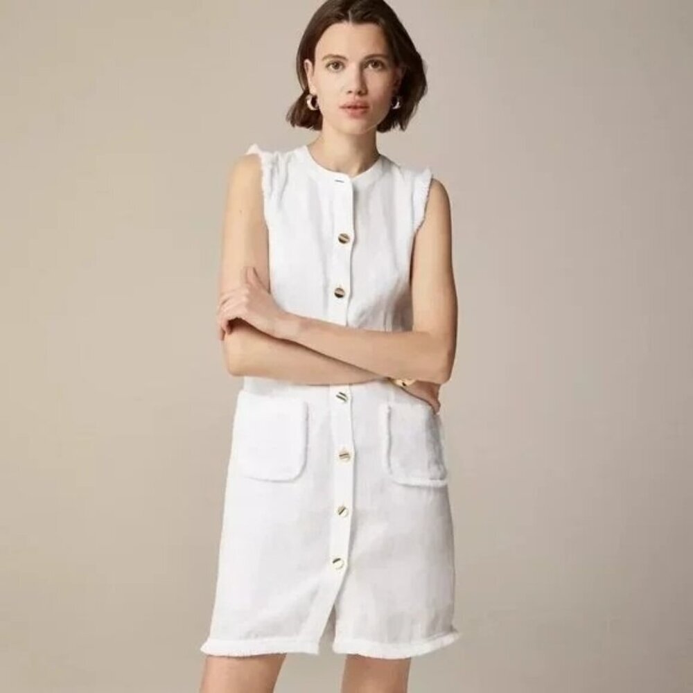 J.Crew Raw-hem mini shirtdress in linen‎ preppy academia white sz XS